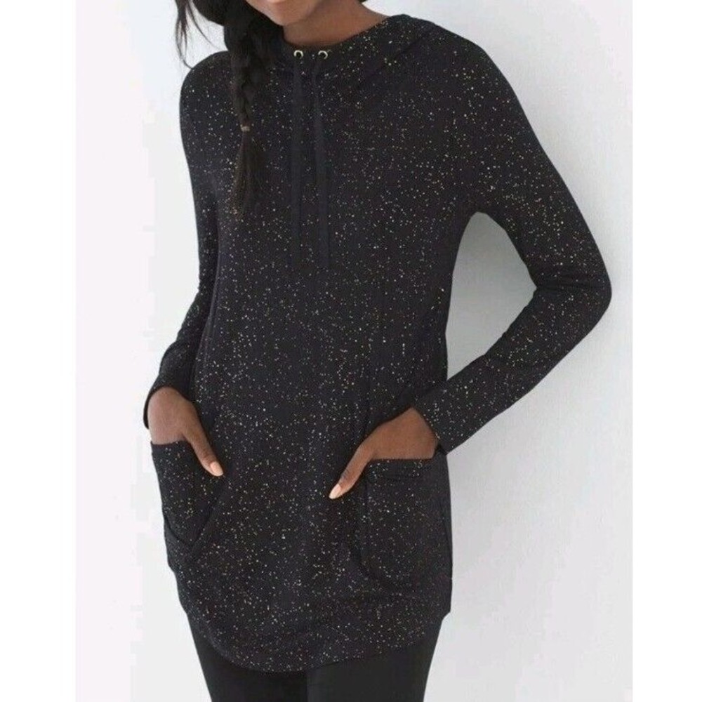 Soma Womens French Terry Pullover Hoodie L Black Glittered Thumbholes Soft Tunic